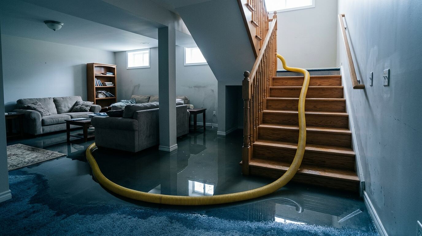 地下室淹水与雨水倒灌清理 长岛住宅地下室暴雨淹水,抽水软管从楼梯接入