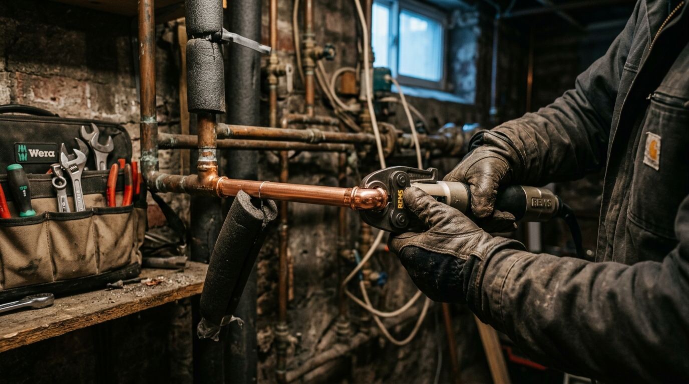 修水管与漏水维修 技术人员在地下室更换漏水铜水管管段